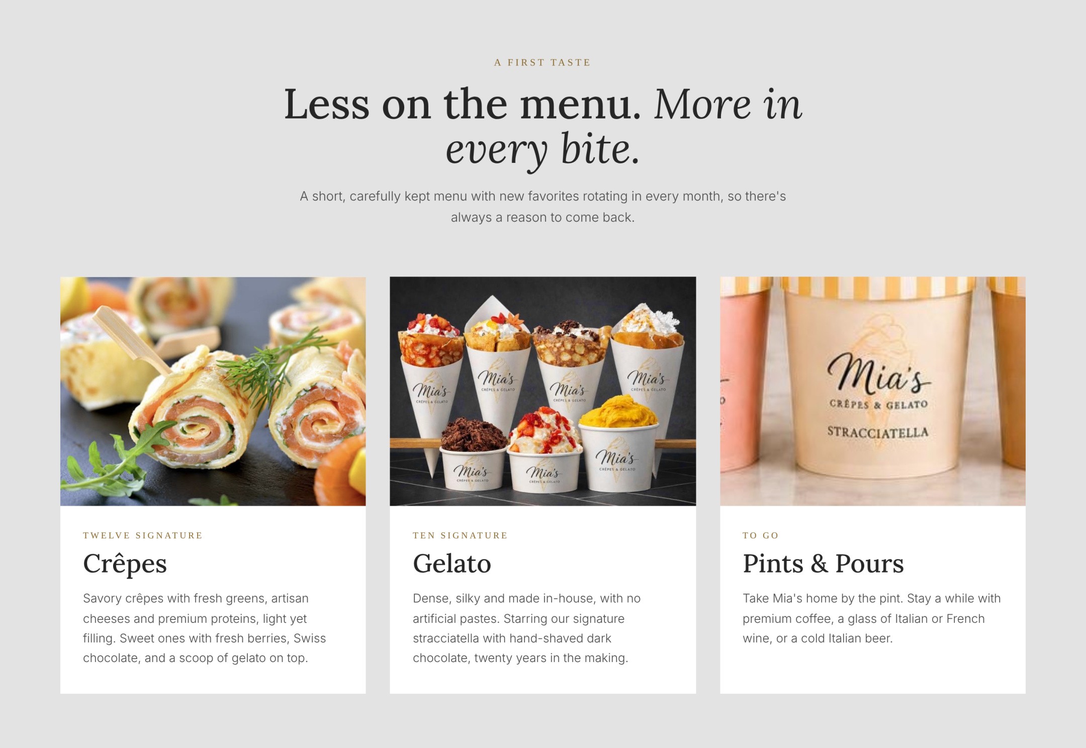 Mia's menu featuring crepes, gelato, and pints